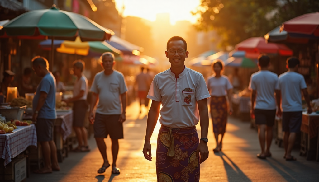 Thai market at sunrise with busy vendors and shoppers