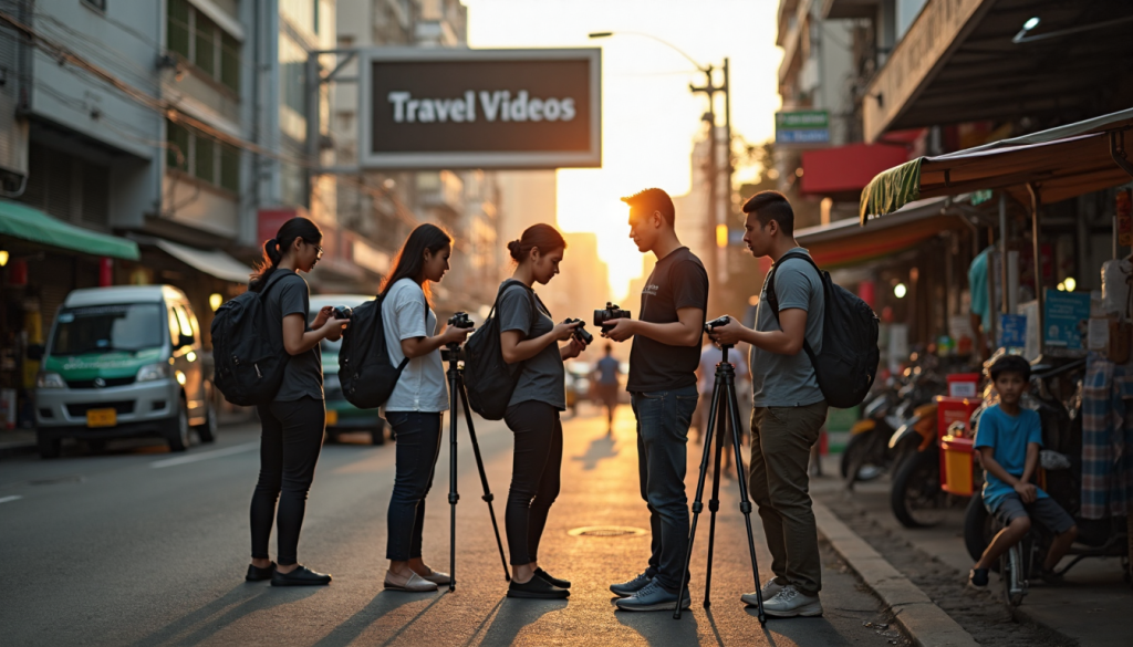 Travelers with cameras on busy Bangkok street at sunset